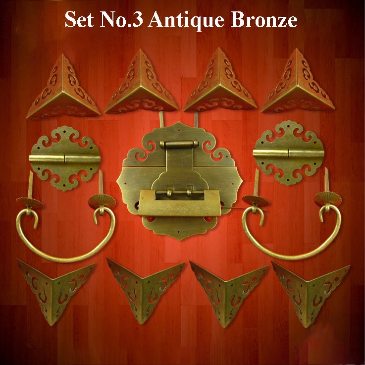 Ancient Antique Bronze/Brass Tone Brass Set Round Lock Latch Triangle Corner Protector Hinge Knob Furniture Decorative Box Cabinet  Decor