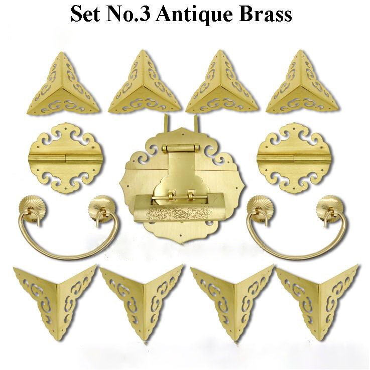 Ancient Antique Bronze/Brass Tone Brass Set Round Lock Latch Triangle Corner Protector Hinge Knob Furniture Decorative Box Cabinet  Decor