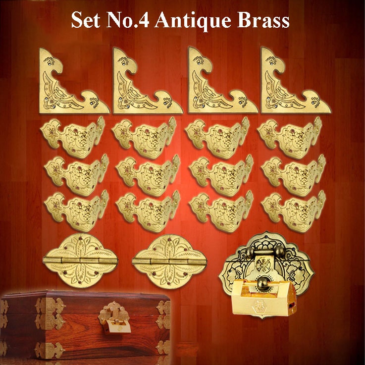 Ancient Antique Bronze/Brass Tone Brass Set Round Lock Latch Triangle Corner Protector Hinge Knob Furniture Decorative Box Cabinet  Decor