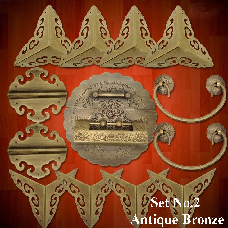 Ancient Antique Bronze/Brass Tone Brass Set Round Lock Latch Triangle Corner Protector Hinge Knob Furniture Decorative Box Cabinet  Decor