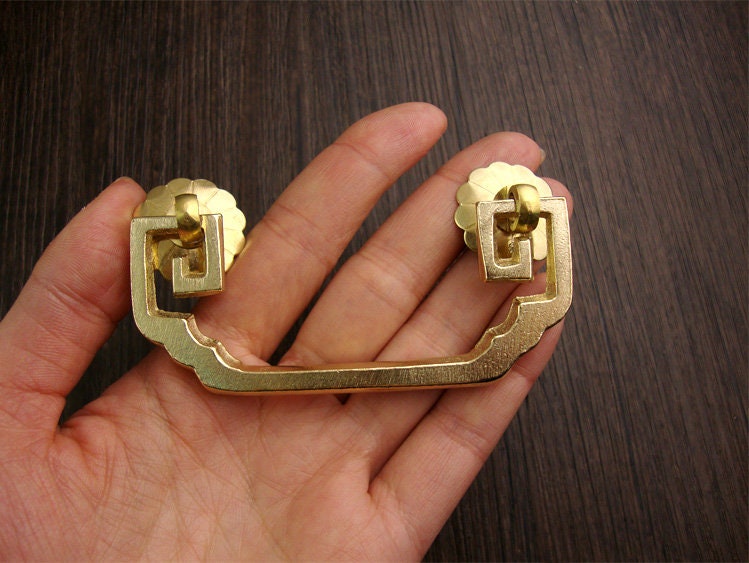 Ancient Antique Bronze/Brass Tone Brass Head Drop Ring Drawer Pull Handle Knob Furniture Decorative Door Cabinet Chinese Decor Knocker