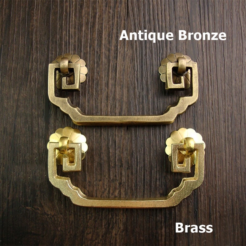 Ancient Antique Bronze/Brass Tone Brass Head Drop Ring Drawer Pull Handle Knob Furniture Decorative Door Cabinet Chinese Decor Knocker