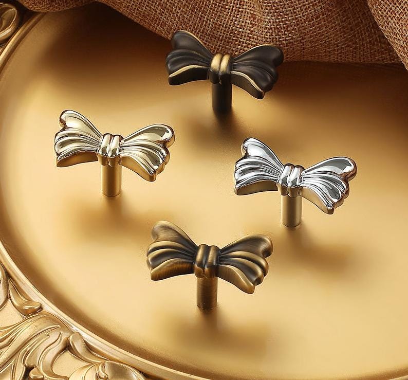 Solid Brass Bow Knob 25x40mm 1 x 1 5/8" Kitchen Cabinet Drawer Pull Handles Door Furniture Aged Antique Bronze Black Silver Gold Wholesale