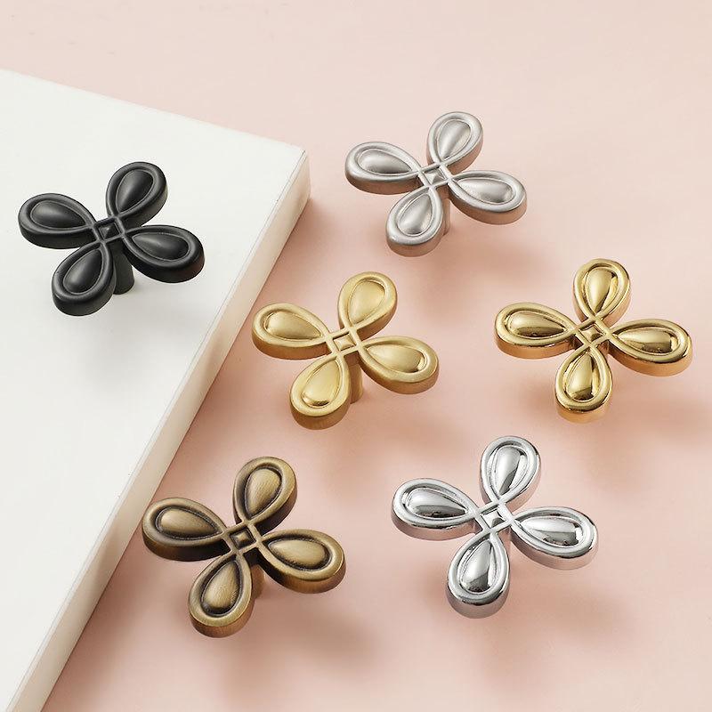 Flower Clover Cabinet Knobs 22x40mm 7/8 x 1 5/8" Solid Brass Drawer Pull Handles Door Furniture Aged Antique Bronze Black Silver Gold Bulk