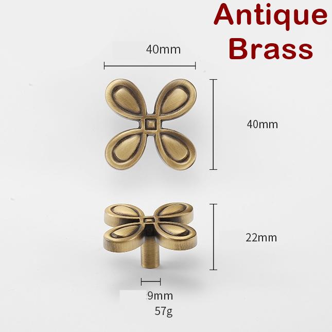 Flower Clover Cabinet Knobs 22x40mm 7/8 x 1 5/8" Solid Brass Drawer Pull Handles Door Furniture Aged Antique Bronze Black Silver Gold Bulk