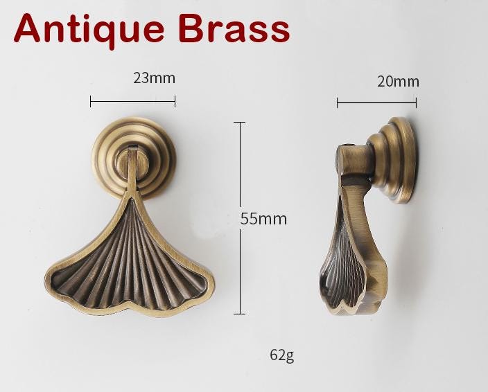 Ginkgo Leaf Art Deco Style Drop-Handle Pendant Drawer Pull Knob 7/8" x 2 1/8" Solid Brass Hardware For Unique Handmade Vintage Home Decor