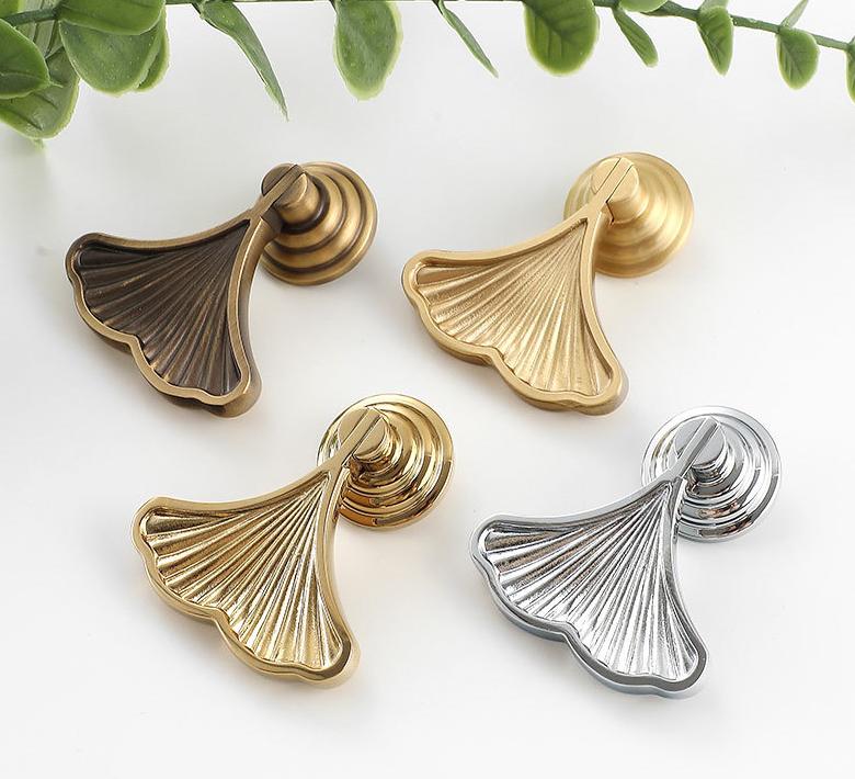 Ginkgo Leaf Art Deco Style Drop-Handle Pendant Drawer Pull Knob 7/8" x 2 1/8" Solid Brass Hardware For Unique Handmade Vintage Home Decor