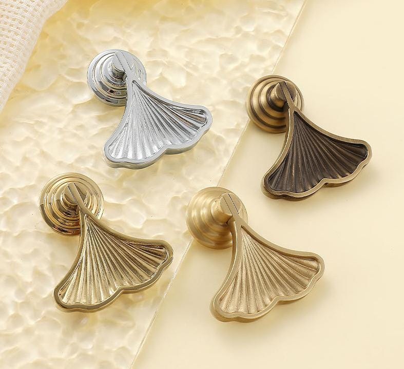 Ginkgo Leaf Art Deco Style Drop-Handle Pendant Drawer Pull Knob 7/8" x 2 1/8" Solid Brass Hardware For Unique Handmade Vintage Home Decor