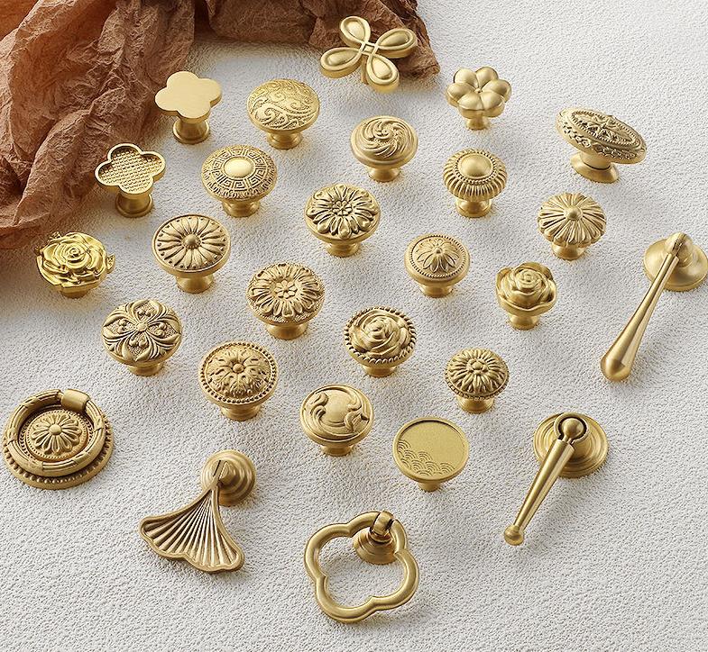 Antique Gold Floral Cabinet Knobs Solid Brass Art Deco Oriental Vintage Drawer Pulls Carved Flower Ginkgo Lotus Patterns Dresser Wardrobe
