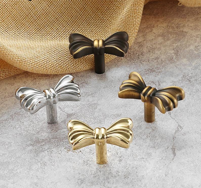 Solid Brass Bow Knob 25x40mm 1 x 1 5/8" Kitchen Cabinet Drawer Pull Handles Door Furniture Aged Antique Bronze Black Silver Gold Wholesale