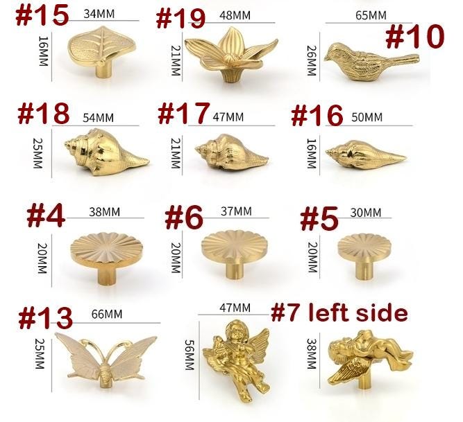 Gold Plated Cabinet Handles Knobs Solid Brass Drawer Pulls Butterfly Feather Seashell Angel Bird Kitchen Door Furniture Decor Hardware Bulk