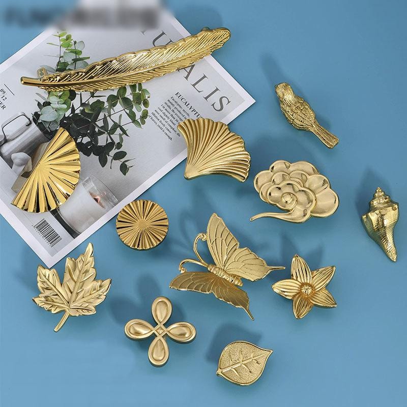 Gold Plated Cabinet Handles Knobs Solid Brass Drawer Pulls Butterfly Feather Seashell Angel Bird Kitchen Door Furniture Decor Hardware Bulk