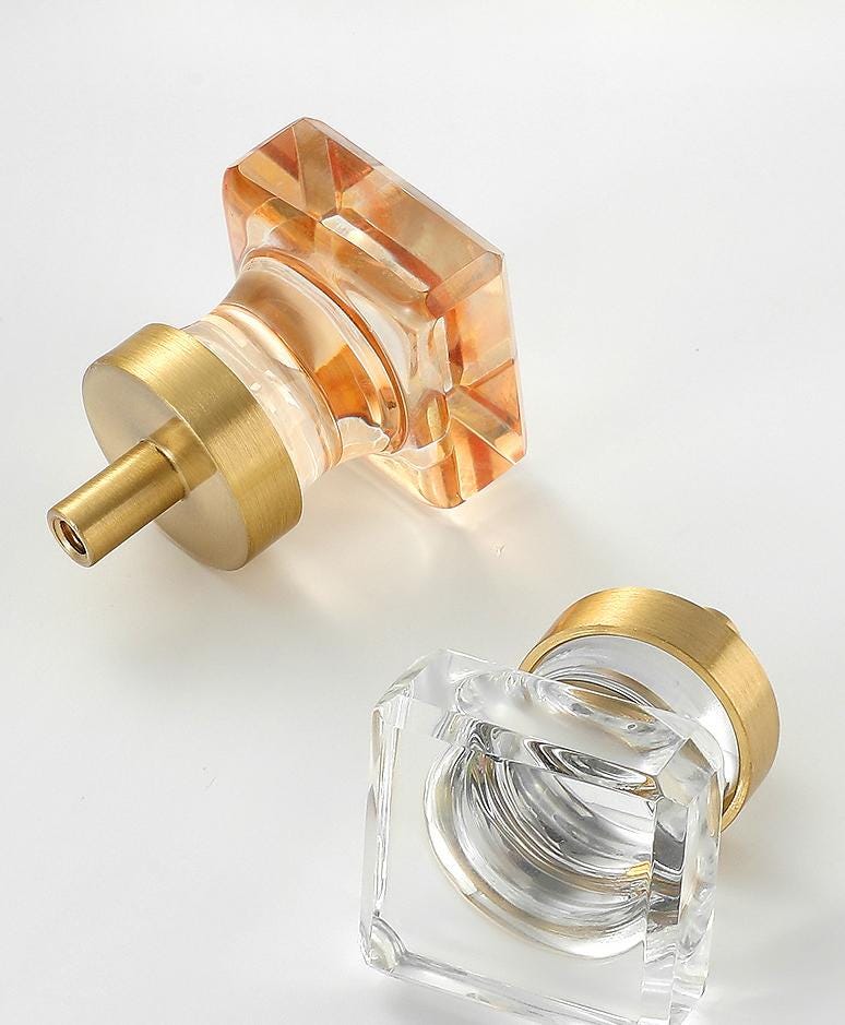 Mid Century Modern Lucite Brass Drawer Knob MCM Clear Amber Glass Hardware For Unique Handmade Home Kitchen Bathroom Cabinet Dresser Decor