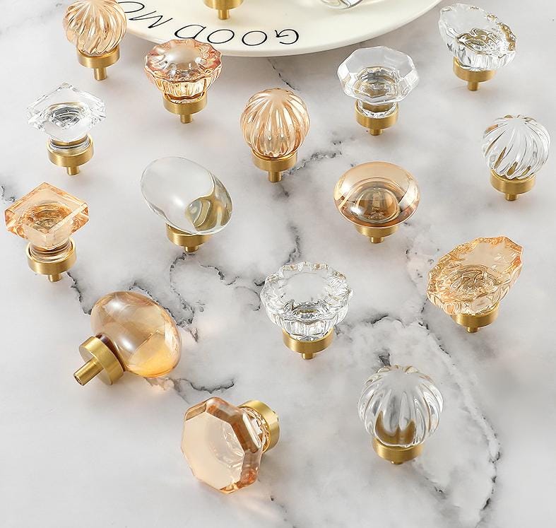 Mid Century Modern Lucite Brass Drawer Knob MCM Clear Amber Glass Hardware For Unique Handmade Home Kitchen Bathroom Cabinet Dresser Decor