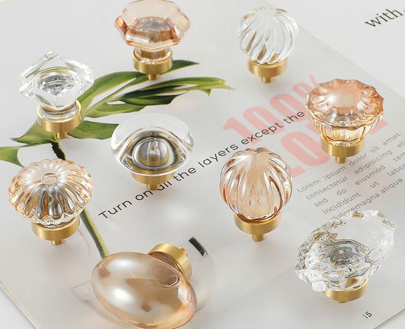 Mid Century Modern Lucite Brass Drawer Knob MCM Clear Amber Glass Hardware For Unique Handmade Home Kitchen Bathroom Cabinet Dresser Decor