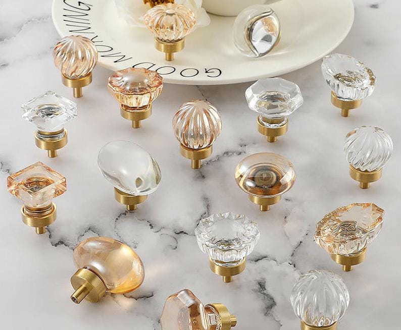 Mid Century Modern Lucite Brass Drawer Knob MCM Clear Amber Glass Hardware For Unique Handmade Home Kitchen Bathroom Cabinet Dresser Decor