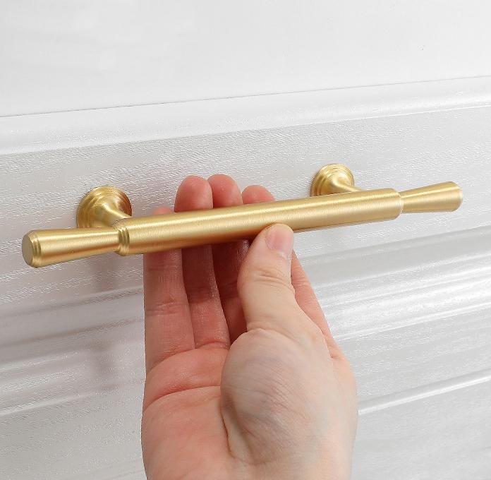 Modern Satin Gold Cabinet Handles Knobs Brushed Solid Brass Scandinavian Minimalist Pulls Bedroom Kitchen Bathroom Drawers Dresser Wardrobe