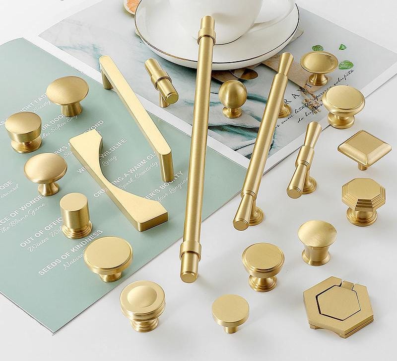 Modern Satin Gold Cabinet Handles Knobs Brushed Solid Brass Scandinavian Minimalist Pulls Bedroom Kitchen Bathroom Drawers Dresser Wardrobe