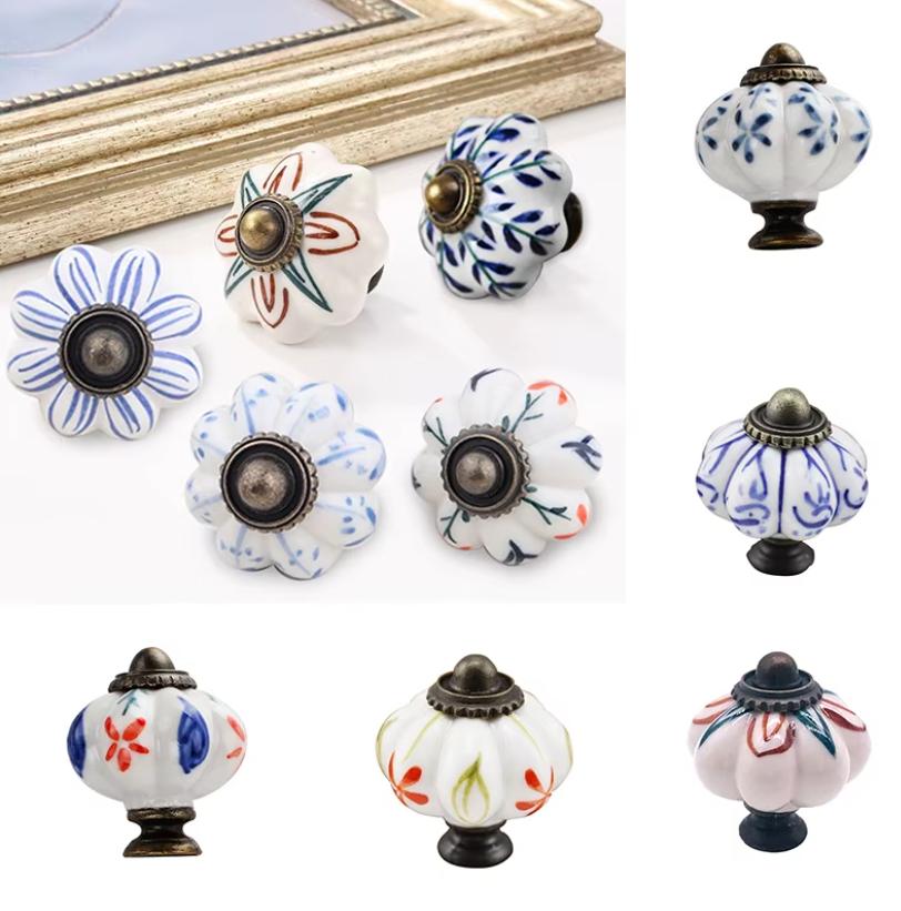White Ceramic Handles Knobs 33x38mm Round Cupboard Kitchen Cup Drawer Bin Pulls Vintage Antique Bronze Cabinet Door Furniture Decor Hardware