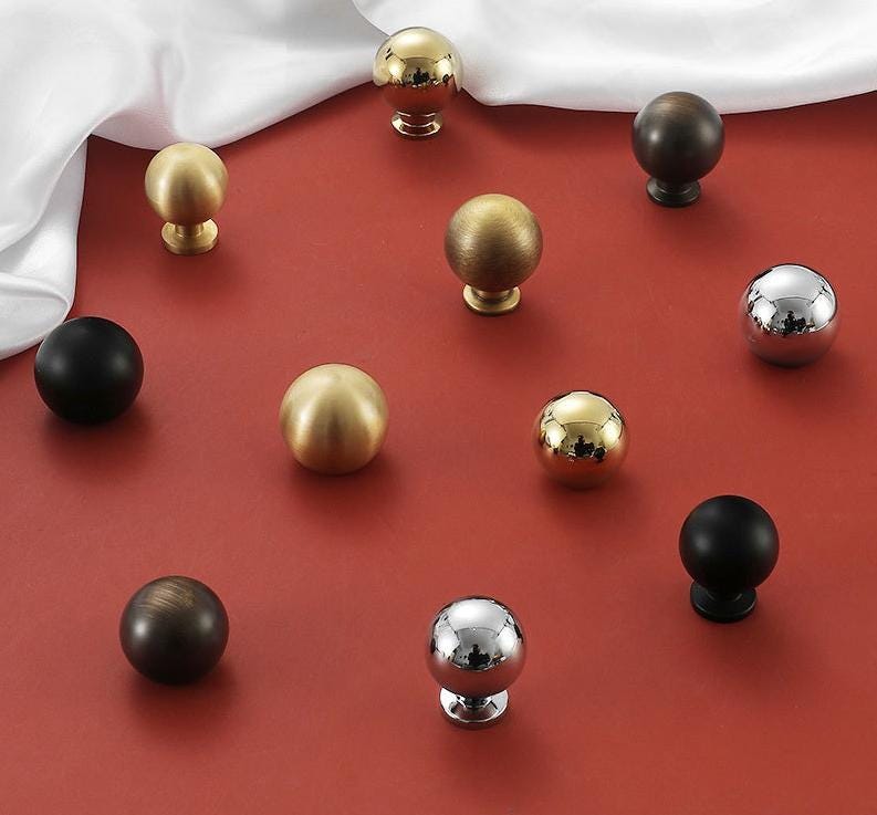 Ball Kitchen Knobs 25 28mm 1" Solid Brass Cabinet Drawer Pull Handles Door Furniture Aged Antique Bronze Black Silver Gold Bulk