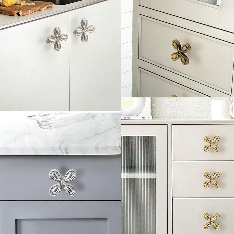 Flower Clover Cabinet Knobs 22x40mm 7/8 x 1 5/8" Solid Brass Drawer Pull Handles Door Furniture Aged Antique Bronze Black Silver Gold Bulk