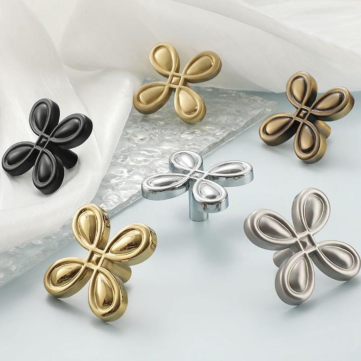 Flower Clover Cabinet Knobs 22x40mm 7/8 x 1 5/8" Solid Brass Drawer Pull Handles Door Furniture Aged Antique Bronze Black Silver Gold Bulk