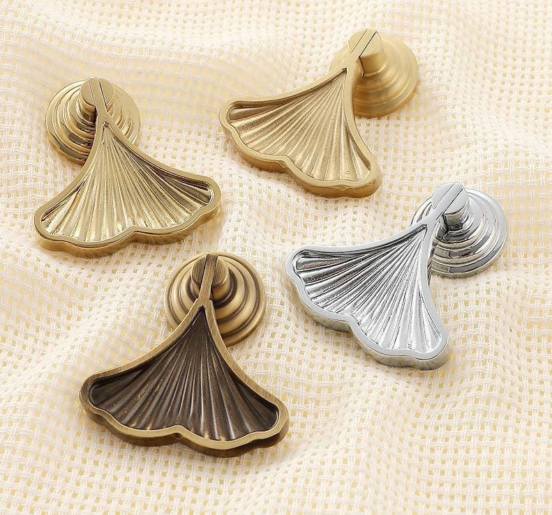 Ginkgo Leaf Art Deco Style Drop-Handle Pendant Drawer Pull Knob 7/8" x 2 1/8" Solid Brass Hardware For Unique Handmade Vintage Home Decor