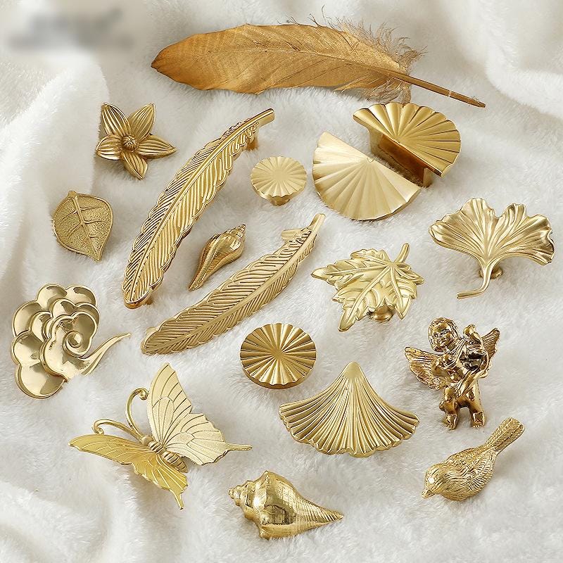 Gold Plated Cabinet Handles Knobs Solid Brass Drawer Pulls Butterfly Feather Seashell Angel Bird Kitchen Door Furniture Decor Hardware Bulk