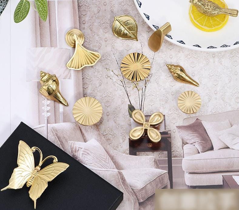 Gold Plated Cabinet Handles Knobs Solid Brass Drawer Pulls Butterfly Feather Seashell Angel Bird Kitchen Door Furniture Decor Hardware Bulk