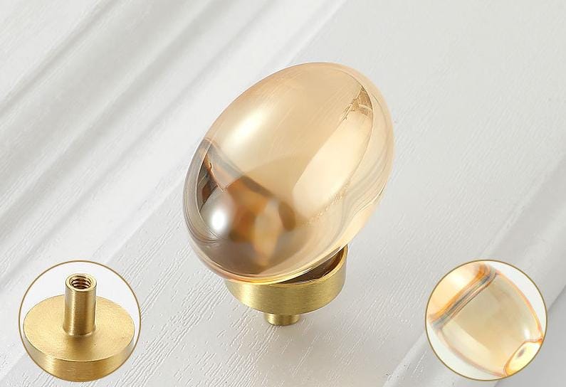 Mid Century Modern Lucite Brass Drawer Knob MCM Clear Amber Glass Hardware For Unique Handmade Home Kitchen Bathroom Cabinet Dresser Decor