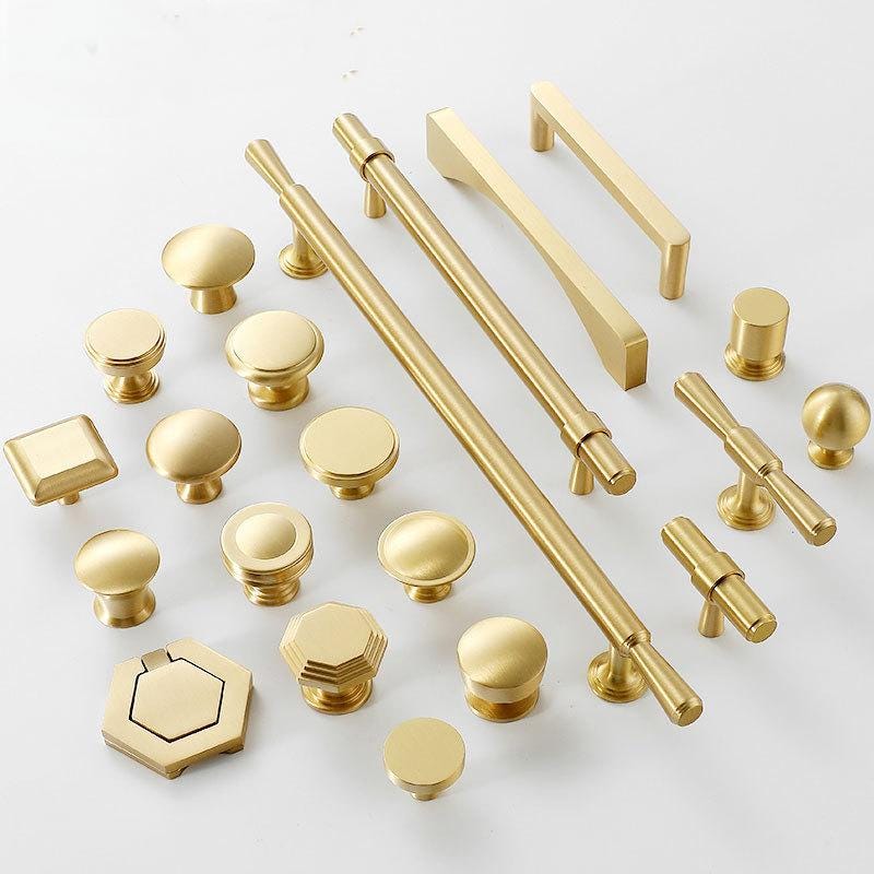 Modern Satin Gold Cabinet Handles Knobs Brushed Solid Brass Scandinavian Minimalist Pulls Bedroom Kitchen Bathroom Drawers Dresser Wardrobe