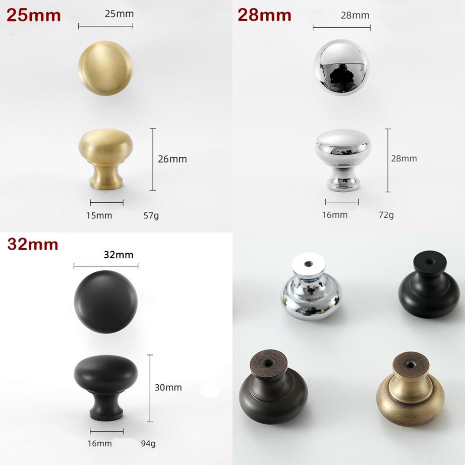 Round Kitchen Knobs 25 28 32mm 1 1 1/4" Solid Brass Cabinet Drawer Pull Handles Door Furniture Aged Antique Bronze Black Silver Gold Bulk