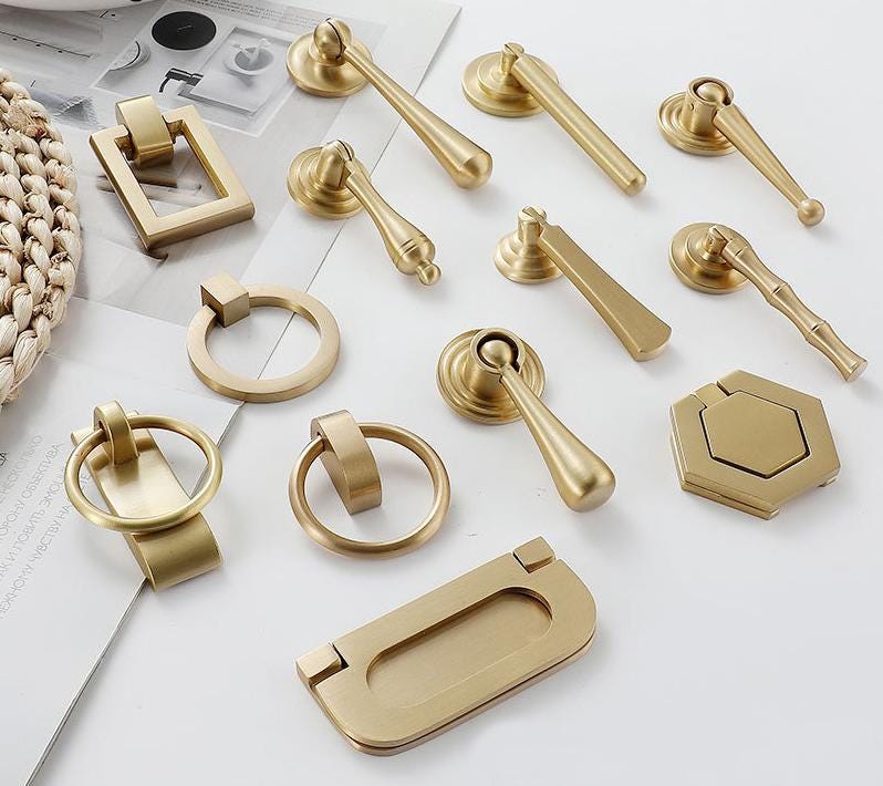 Vintage Solid Brass Cabinet Handles Classic Art Deco Drawer Pulls for Kitchen Wardrobe Dresser in Elegant Antique Modern Interior Design