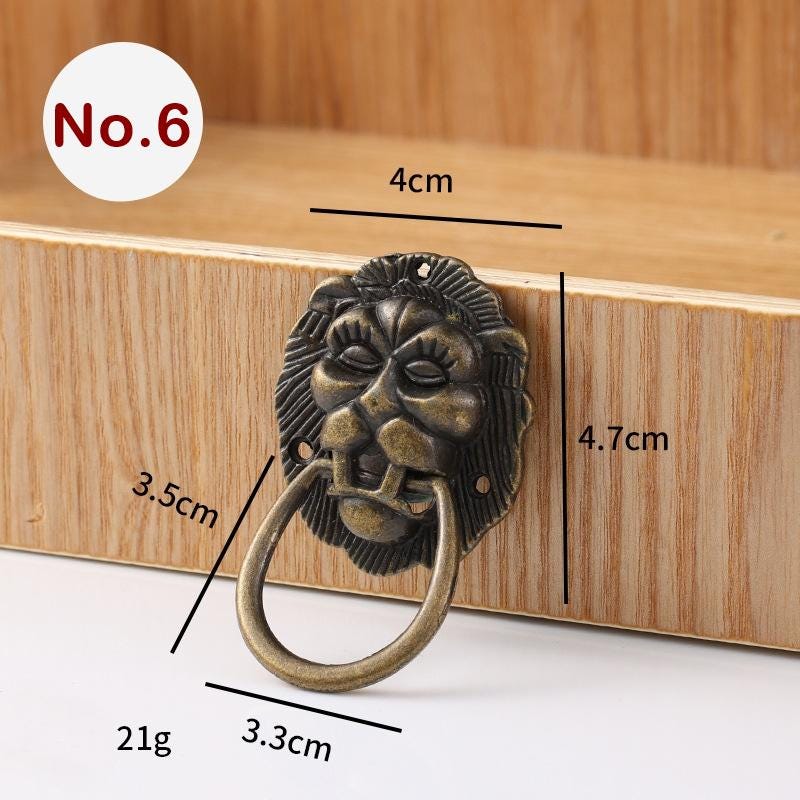 Ancient Antique Bronze/Brass Tone Brass Head Drop Ring Drawer Pull Handle Knob Furniture Decorative Door Cabinet Chinese Decor Knocker