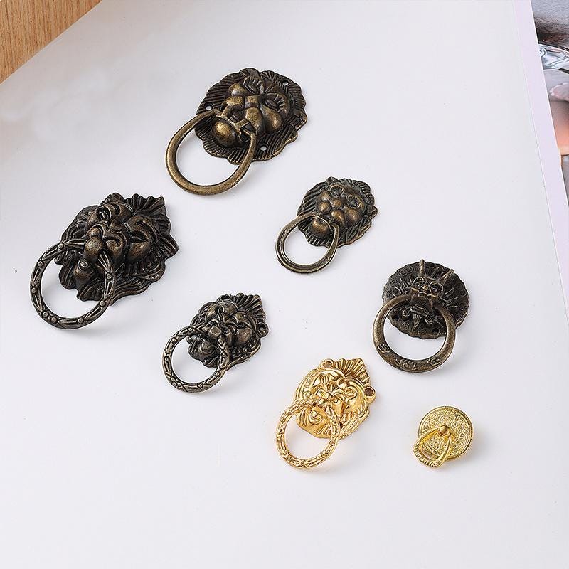 Ancient Antique Bronze/Brass Tone Brass Head Drop Ring Drawer Pull Handle Knob Furniture Decorative Door Cabinet Chinese Decor Knocker
