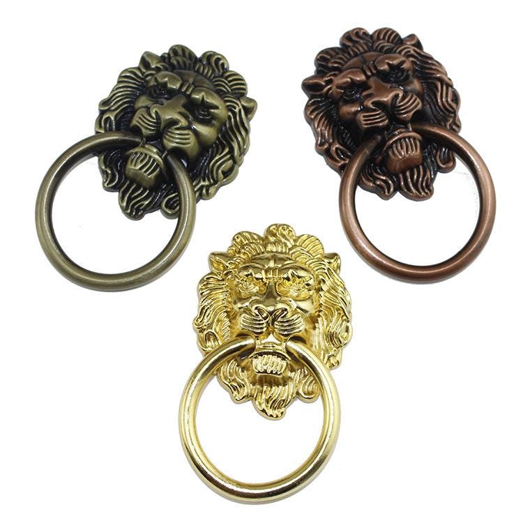 Ancient Antique Bronze/Brass Tone Brass Head Drop Ring Drawer Pull Handle Knob Furniture Decorative Door Cabinet Chinese Decor Knocker