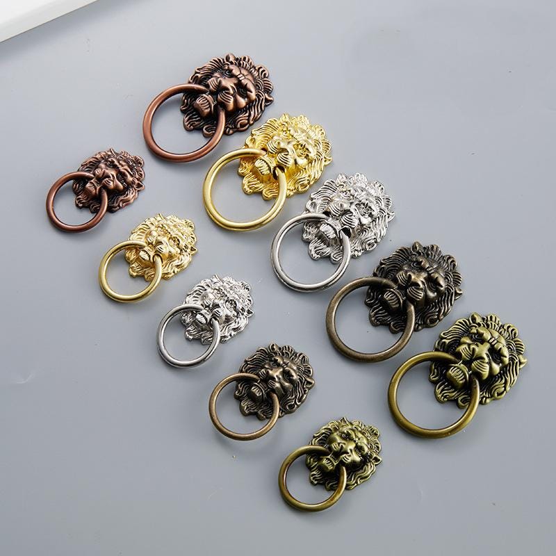 Ancient Antique Bronze/Brass Tone Brass Head Drop Ring Drawer Pull Handle Knob Furniture Decorative Door Cabinet Chinese Decor Knocker