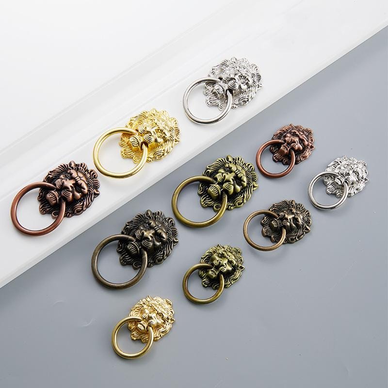 Ancient Antique Bronze/Brass Tone Brass Head Drop Ring Drawer Pull Handle Knob Furniture Decorative Door Cabinet Chinese Decor Knocker
