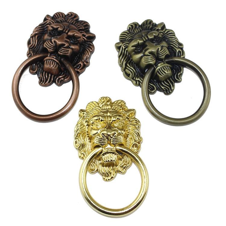 Ancient Antique Bronze/Brass Tone Brass Head Drop Ring Drawer Pull Handle Knob Furniture Decorative Door Cabinet Chinese Decor Knocker