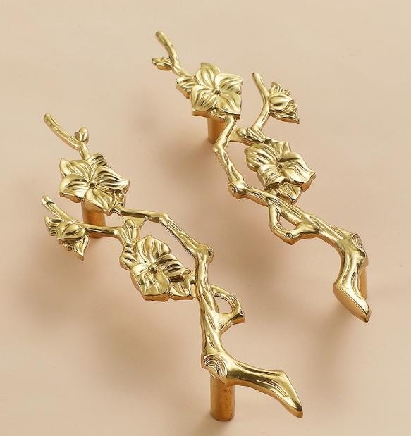 Solid Brass Flowering Branch Drawer Knob 45 176mm 1 3/4" 7" Brass Color Kitchen Door Drawer Pull Furniture Hardware Wholesale