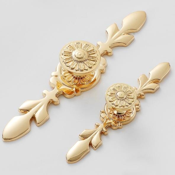 Solid Brass Flower With Leaves Drawer Knob 121 170 mm 5" 7" Gold Color Kitchen Door Drawer Pull Furniture Hardware Wholesale