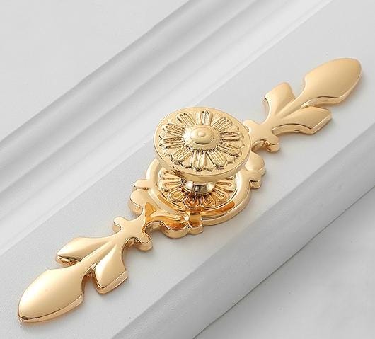 Solid Brass Flower With Leaves Drawer Knob 121 170 mm 5" 7" Gold Color Kitchen Door Drawer Pull Furniture Hardware Wholesale