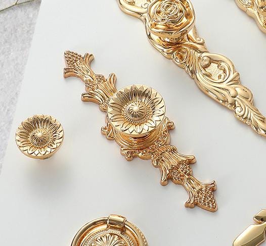 Solid Brass Flower With Leaves Drawer Knob 23/25 140 mm 1" 6" Gold Color Kitchen Door Drawer Pull Furniture Hardware Wholesale