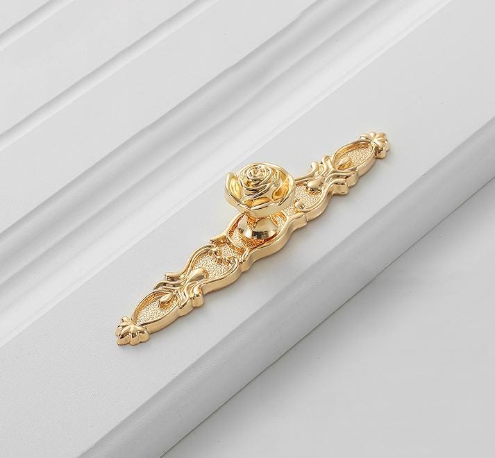 Solid Brass Flower With Leaves Drawer Knob 29 138 mm 1 1/8" 5 1/2" Gold Color Kitchen Door Drawer Pull Furniture Hardware Wholesale