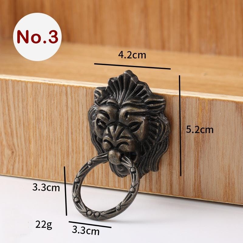 Ancient Antique Bronze/Brass Tone Brass Head Drop Ring Drawer Pull Handle Knob Furniture Decorative Door Cabinet Chinese Decor Knocker