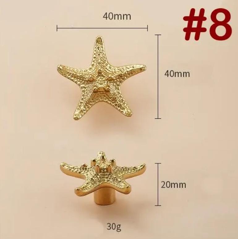 Solid Brass Starfish Drawer Knob 20 40 mm 3/4" 1 5/8" Gold Color Kitchen Door Drawer Pull Furniture Hardware Wholesale