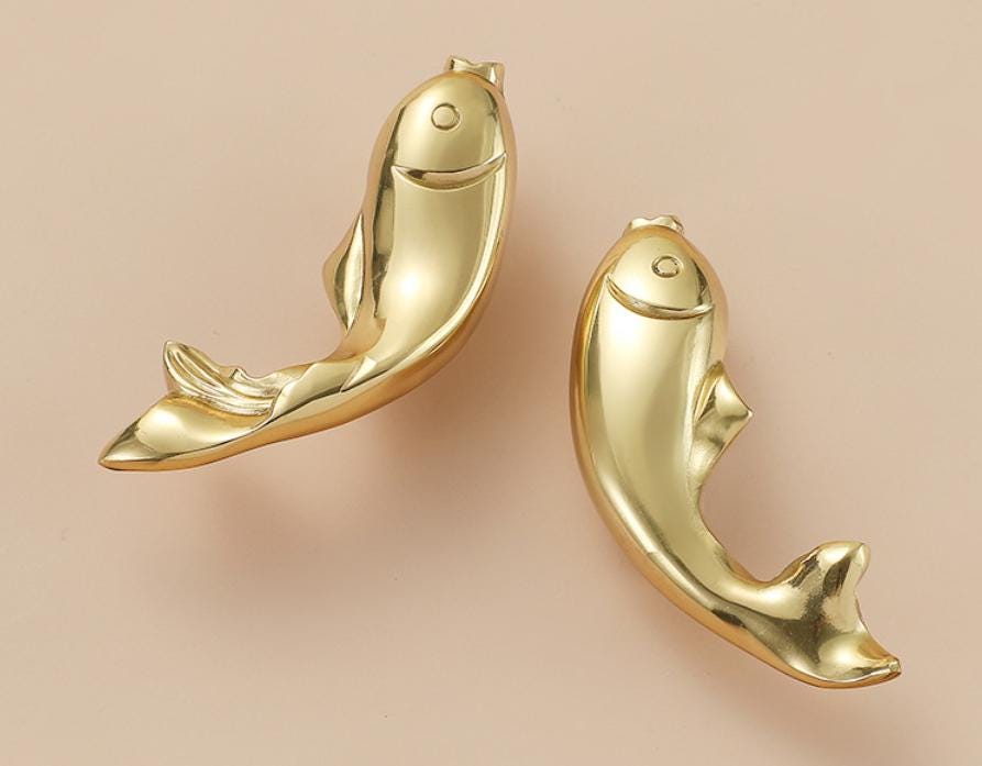 Solid Brass Fish Drawer Knob 33 75 mm 1 1/4" 3" Gold Color Kitchen Door Drawer Pull Furniture Hardware Wholesale