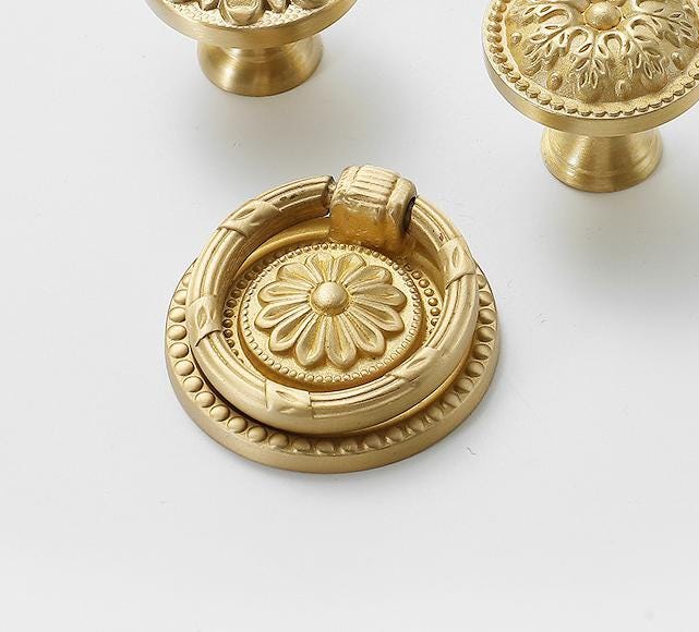 Solid Brass Floral Door Knocker Ring Pulls - Gold Finish Hardware - view 4