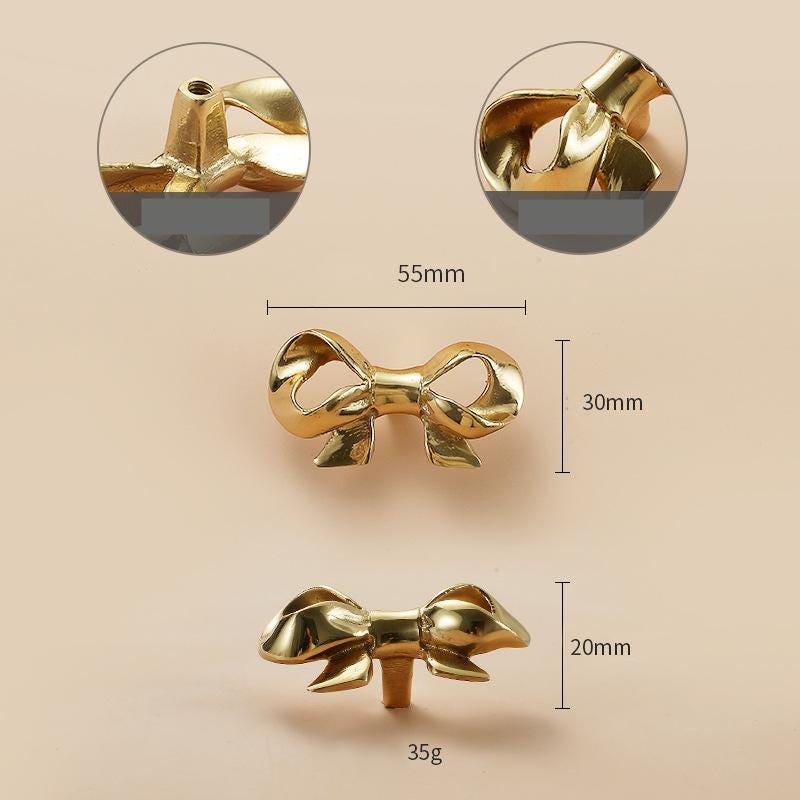 Solid Brass Bowknot Drawer Knob 48 55 mm 1 7/8 2 1/8 Inches Gold Color Kitchen Door Drawer Pull Furniture Hardware Wholesale