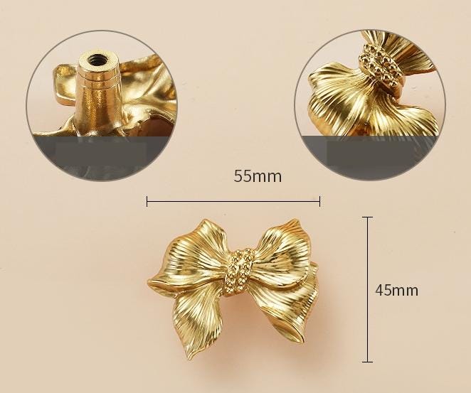 Solid Brass Bowknot Drawer Knob 20 55 mm 3/4 2 1/8 Inches Gold Color Kitchen Door Drawer Pull Furniture Hardware Wholesale